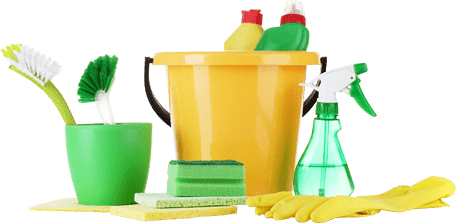Cleaning bucket, gloves, brushes and cleaning detergents