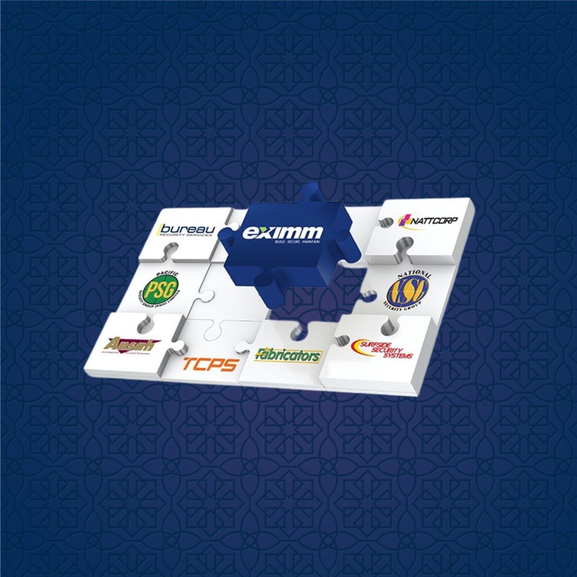 Multiple brand names of business owned by Eximm each displayed on a white puzzle piece. All puzzle pieces connected with Eximm logo on a blue puzzle piece, standing out from the rest as the owner of all other entities.
