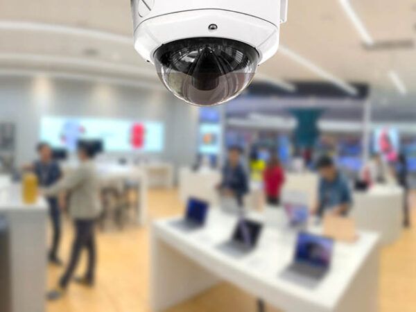 CCTV surveillancs camera attached to the ceiling of an electronics retails store.