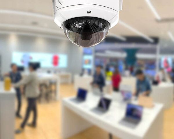 CCTV surveillancs camera attached to the ceiling of an electronics retails store.