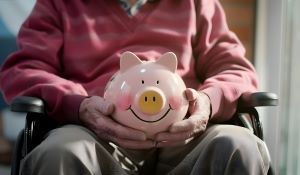 Elderly man holding piggy bank savings