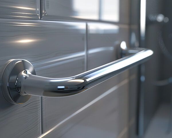 Bathroom grabrail on a tiled wall for assistance with mobility.