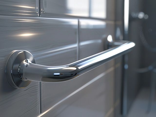 Bathroom grabrail on a tiled wall for assistance with mobility.