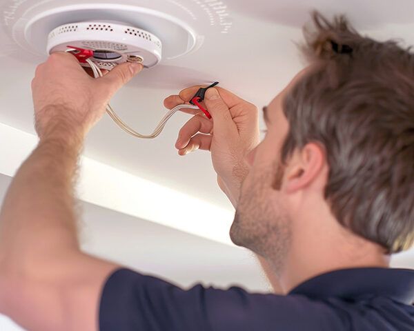 Technician installing a fire alarm to the ceiling.