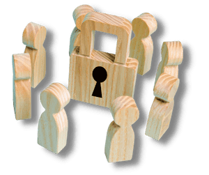 A set of wooden figurines standing in a circle around a wooden padlock.