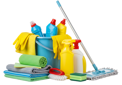 Cleaning bucket, gloves, brushes and cleaning detergents