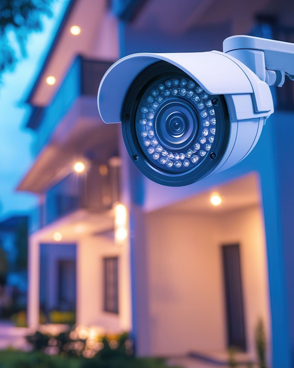Person holding mobile phone with split screens showing multiple rooms of their property being monitored by their security system installed, next to a security camera installed to the ceiling of a dining room.